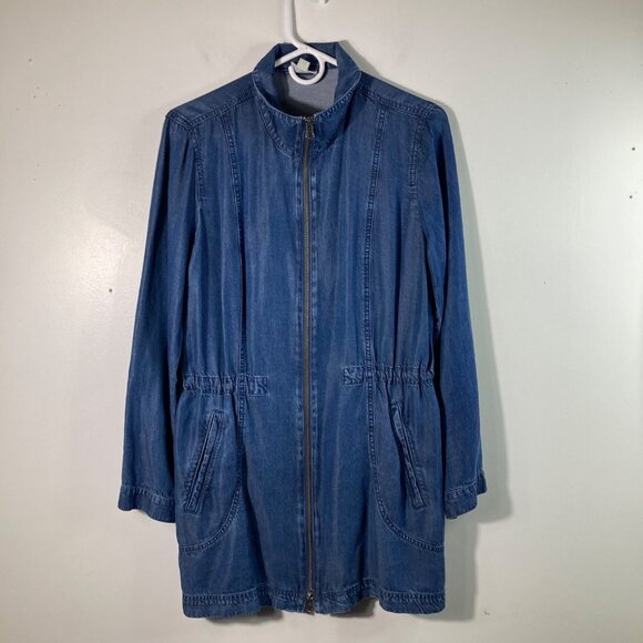 Womens J Jill Denim Chambray Zip Jacket Mid Length Blue S Tencel - Picture 1 of 9
